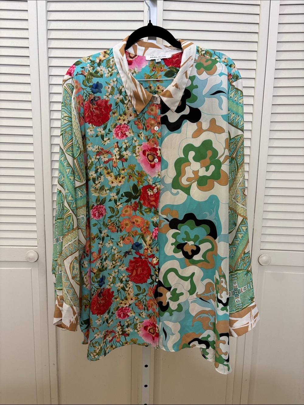 Rose & Olive Turquoise Floral & Abstract Patchwork Button-Down Shirt 3X